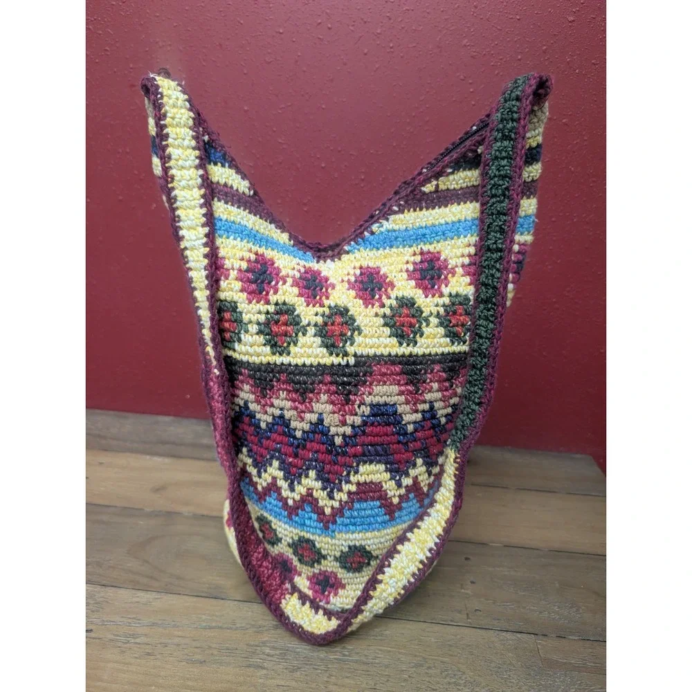 Vintage Crochet Bucket Bag Boho Indie Festival Hippie Shoulder Crossbody Purse